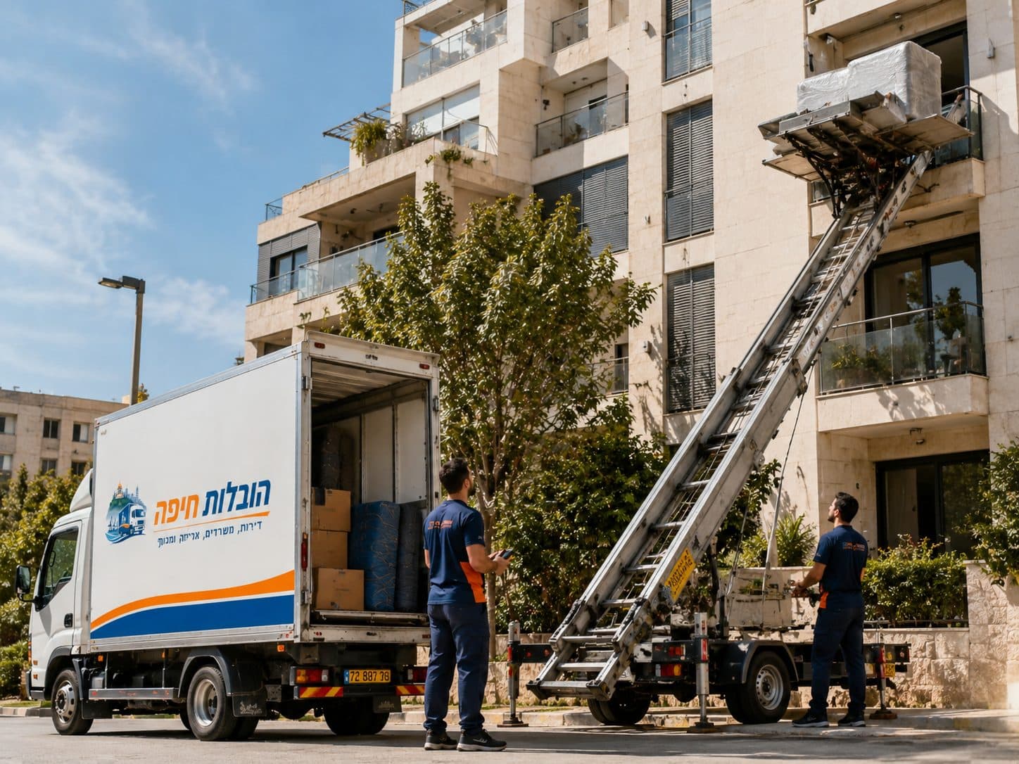 הובלה עם מנוף בחיפה — הרמה למרפסת בבניין