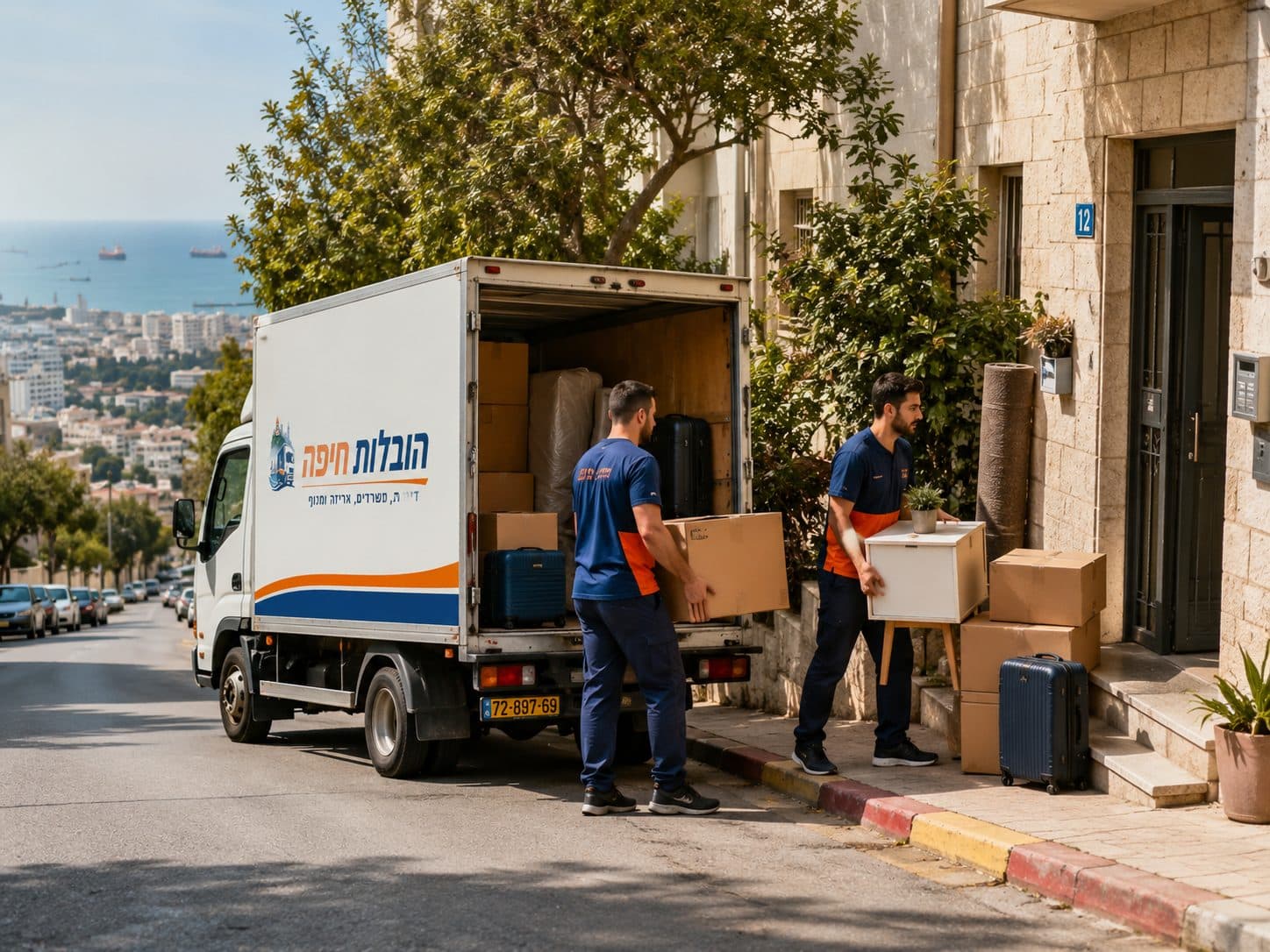 הובלות קטנות בחיפה — משאית וצוות ברחוב תלול